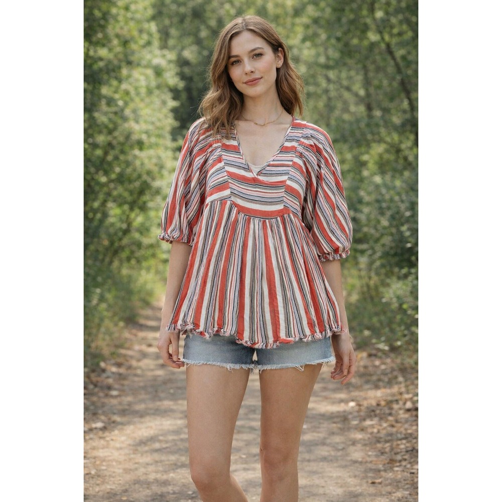Umgee Striped Babydoll Top Womens Large Red Orange‎ Blue Boho Frayed Hem V-Neck